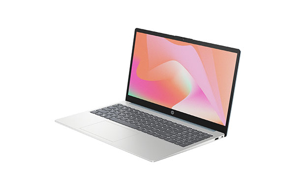 Silver HP Pavilion 14 slim laptop opened at an angle showcasing colorful wallpaper
