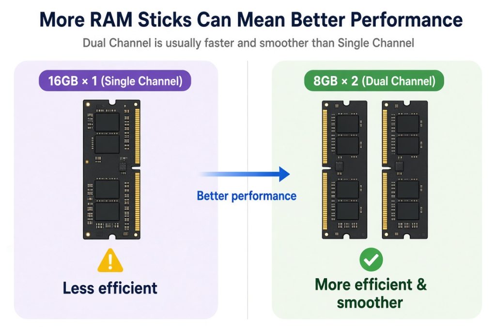 Comparison infographic of dual-channel vs single-channel RAM performance