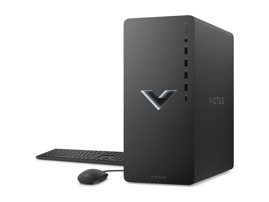 HP Victus 15L compact gaming desktop tower standing on a white desk