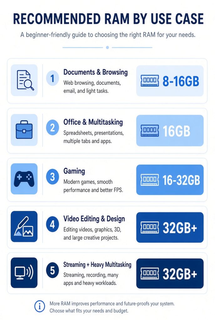 Recommended RAM capacity by use case infographic