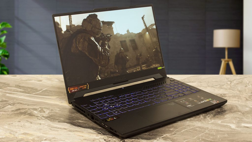 ASUS TUF Gaming A15 laptop showing keyboard and display