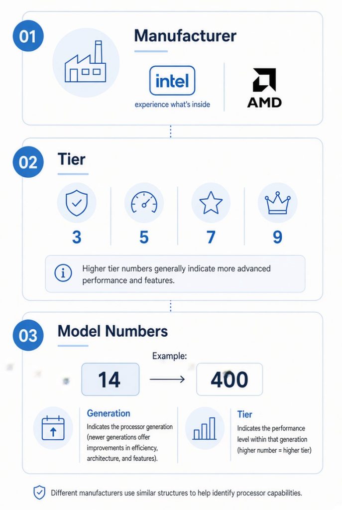 3-step guide to reading CPU specs infographic showing CPU manufacturers and performance tiers