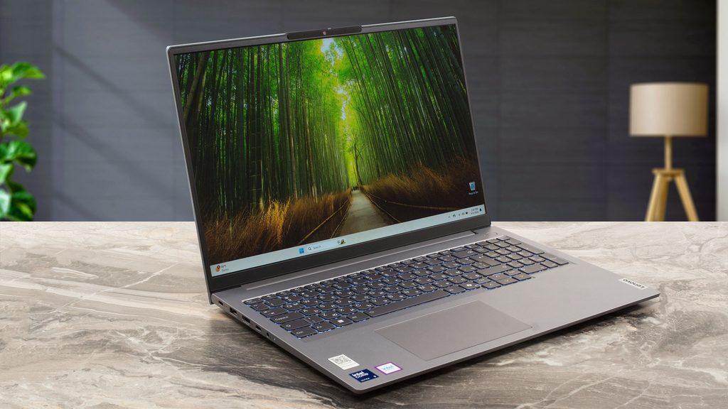 Lenovo ThinkBook 16 laptop with full-size keyboard showing 16-inch display