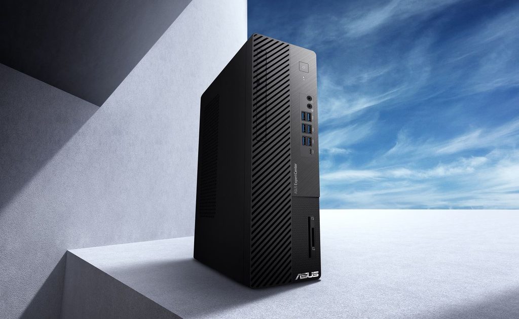 Black ASUS ExpertCenter D7 business desktop PC standing vertically with front ASUS logo