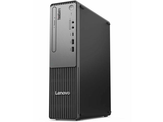 Black Lenovo ThinkCentre Neo 50s slim desktop computer standing vertically
