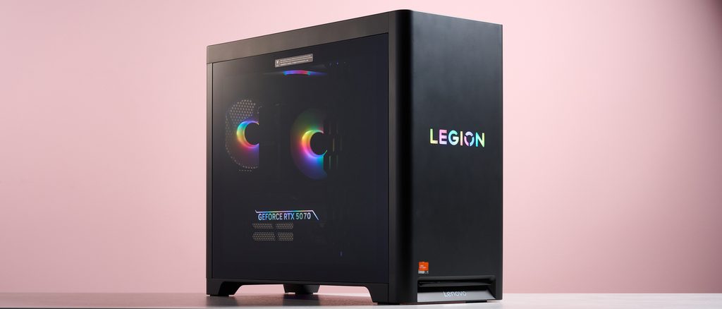 Lenovo Legion Tower 5 Series gaming desktop with mesh front panel and glass side window