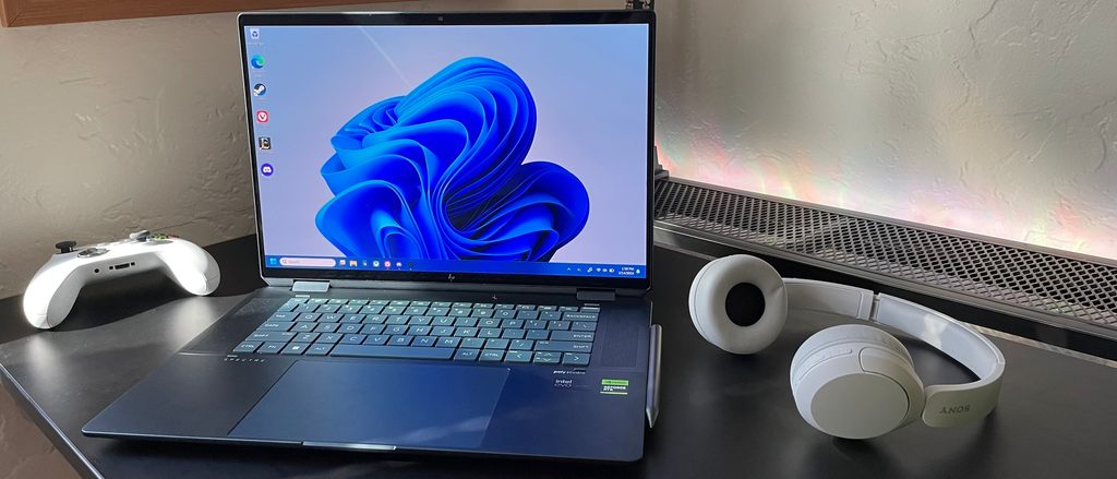HP OMEN 16 gaming laptop in shadow black on a desk setup