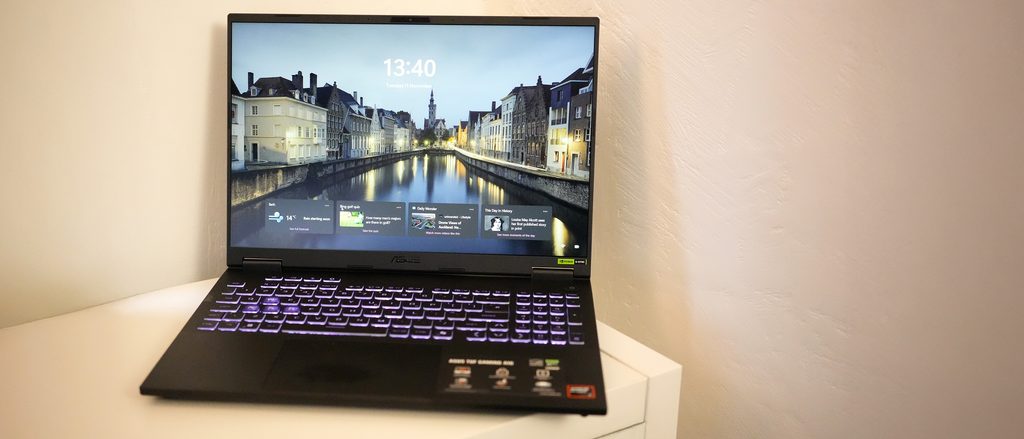 ASUS TUF Gaming A16 laptop in Sandstorm color showing 16:10 display