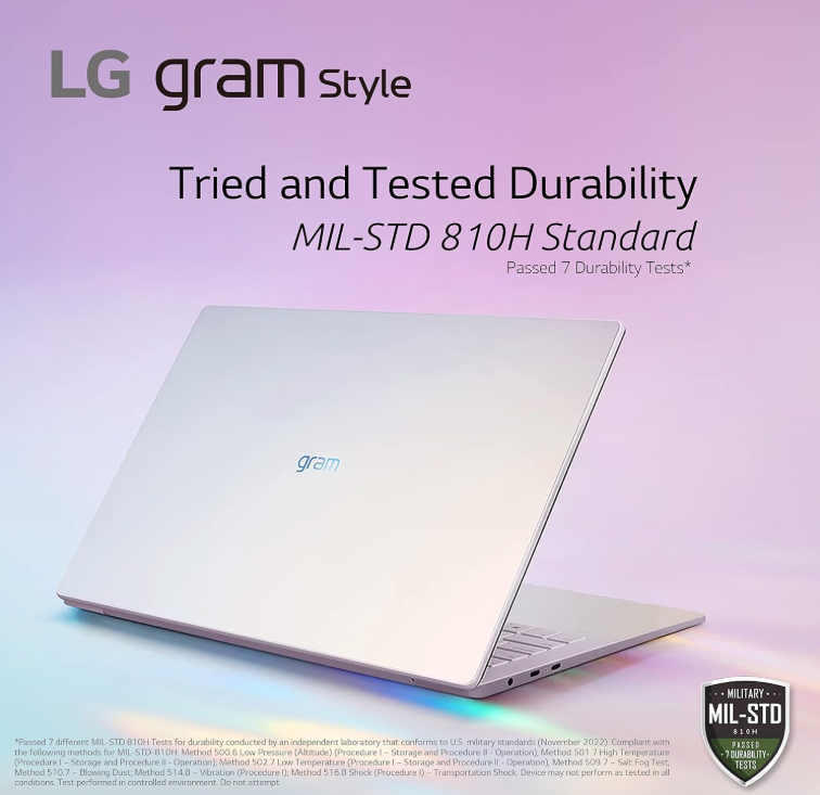 LG gram Style laptop showcasing slim design, aurora glass lid, and MIL-STD durability badge