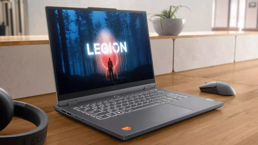 Lenovo Legion Slim 5 gaming laptop on a desk showing display and keyboard