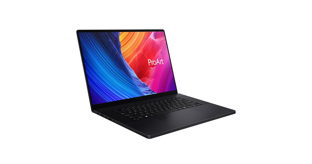 ASUS ProArt P16 workstation laptop open on a clean surface, displaying its 16-inch 4K OLED touchscreen, keyboard, and dark Nano Black finish.