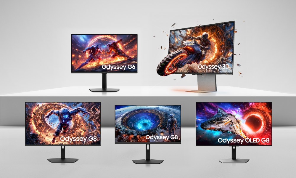 Samsung Odyssey G6, Odyssey 3D, and OLED G8 gaming monitors displayed together showing vibrant game screens and modern stands