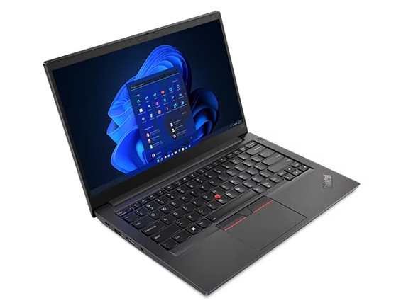 Lenovo ThinkPad T14 laptop open on a clean surface, displaying its matte black finish, keyboard with Red TrackPoint, and screen.