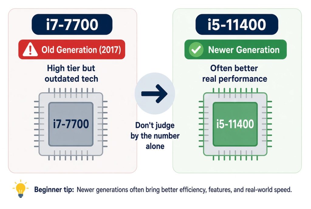 Comparison infographic of Intel Core and AMD Ryzen CPU product tiers for beginners