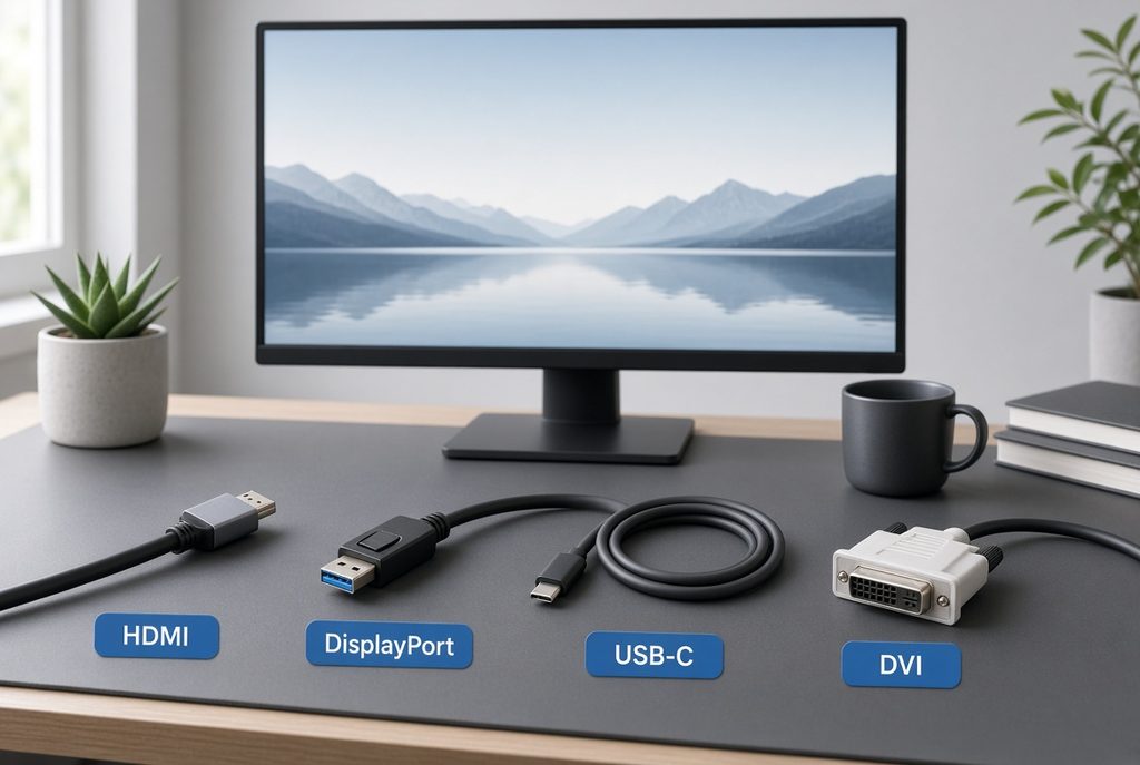 Various display monitor cables including HDMI, DisplayPort, USB-C, and DVI on a white background