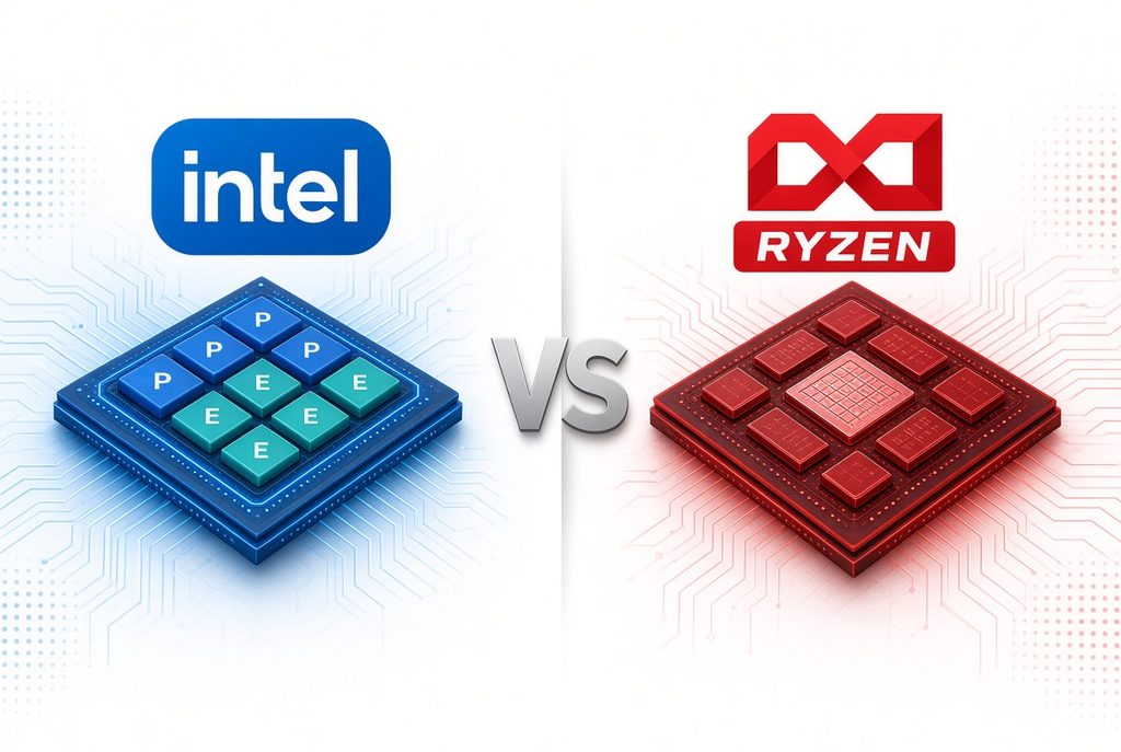 Intel and AMD processor logos side by side with a computer CPU circuit design background