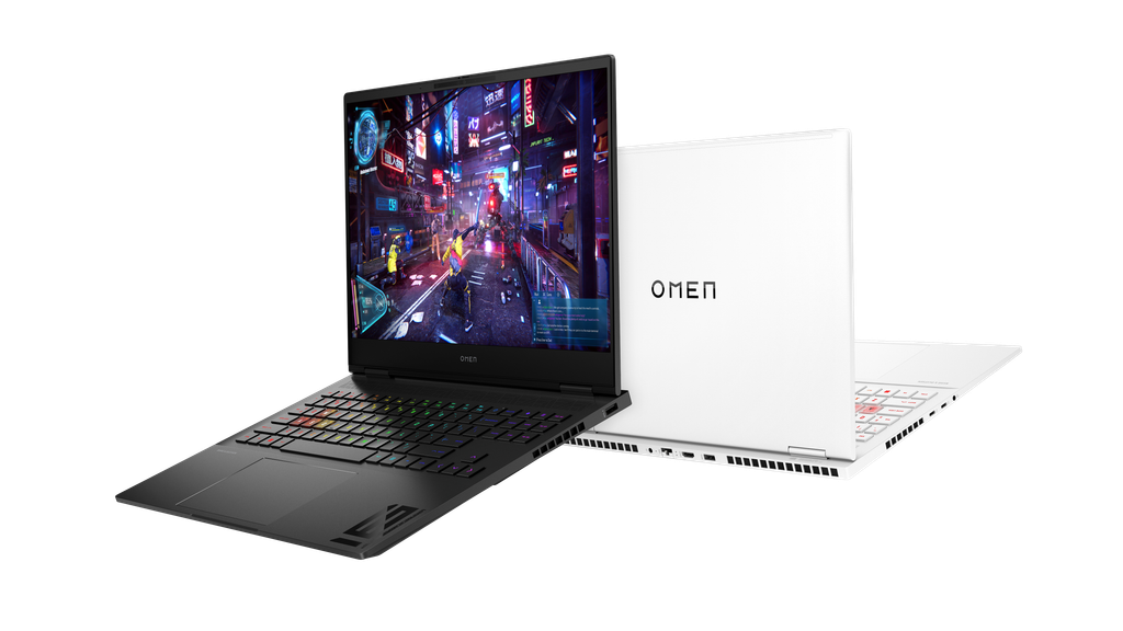 HP OMEN Transcend slim gaming laptop with white chassis and RGB keyboard