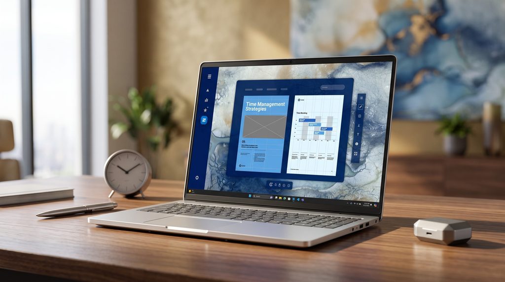 Silver Dell Inspiron 15 laptop open on a table showcasing Windows desktop interface