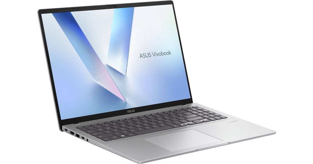 A front view of a silver ASUS Vivobook 16 laptop, with the lid open at a slight angle and the screen showing a minimalist digital art pattern.