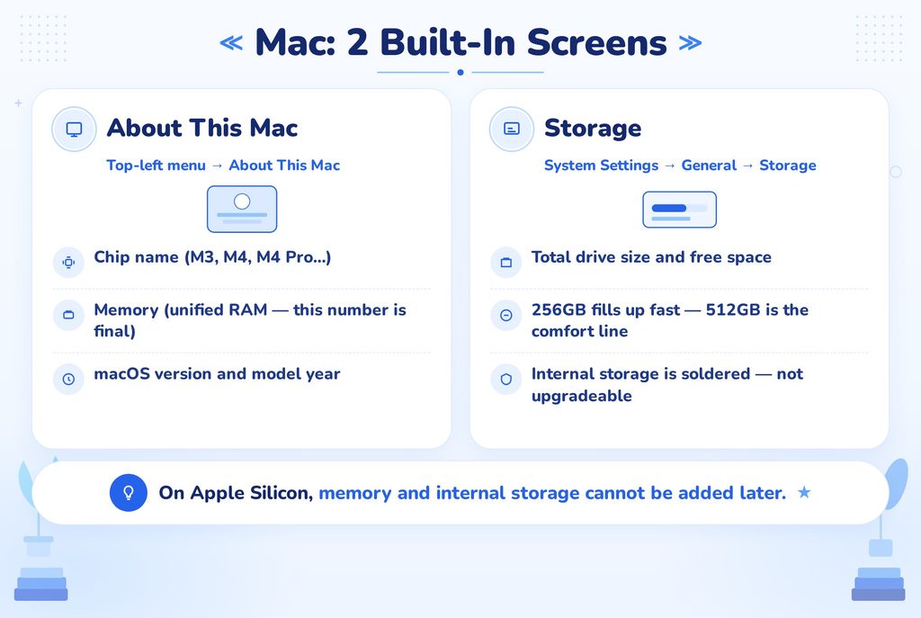 Two built-in Mac screens to check specs infographic