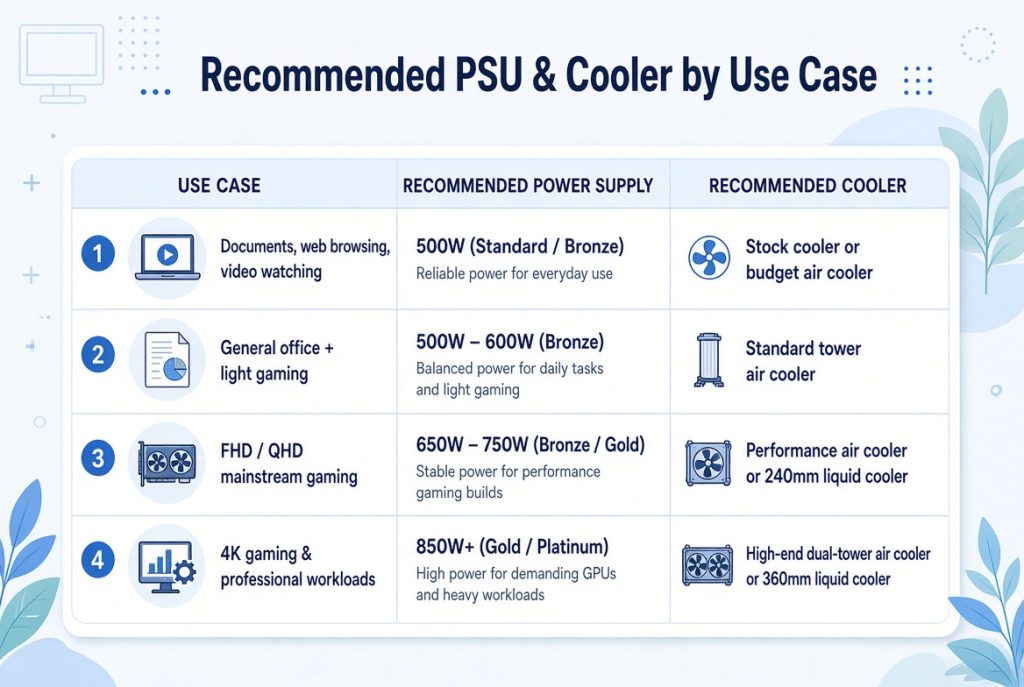 Recommended PSU and cooler by use case infographic