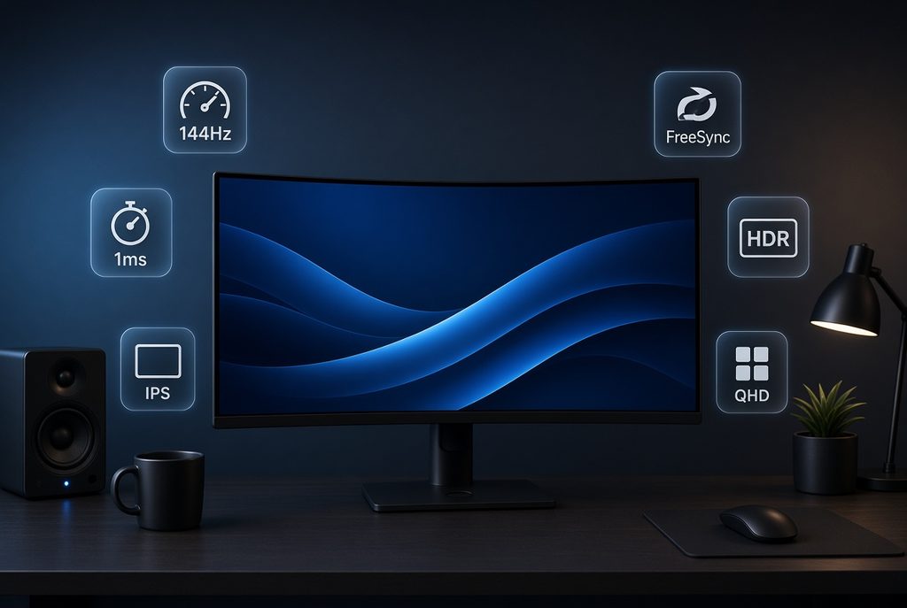 A curved gaming monitor setup displaying key technical specs including 144Hz refresh rate, 1ms response time, FreeSync, HDR, IPS panel, and QHD resolution.
