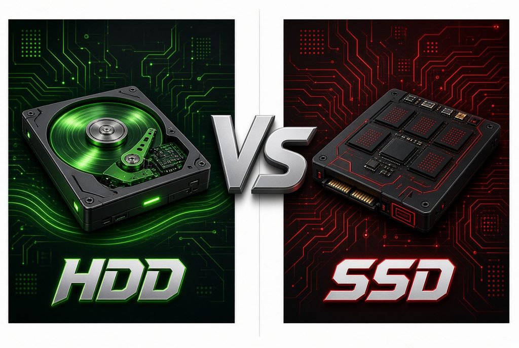 Hard Disk Drive and Solid State Drive side-by-side on a circuit board background with a bold VS logo in the center