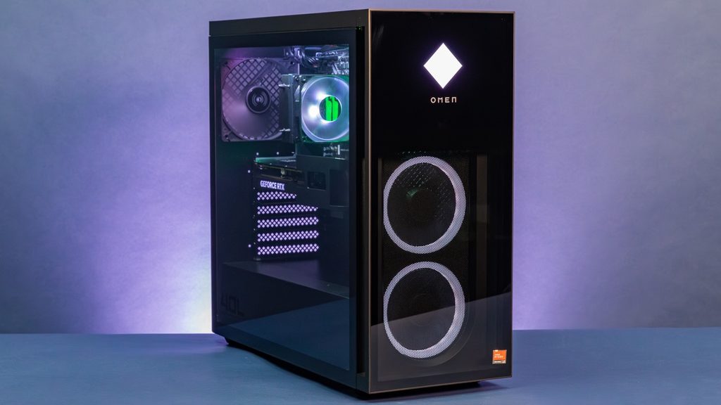 HP OMEN 40L gaming desktop tower with tempered glass side panel and customizable lighting