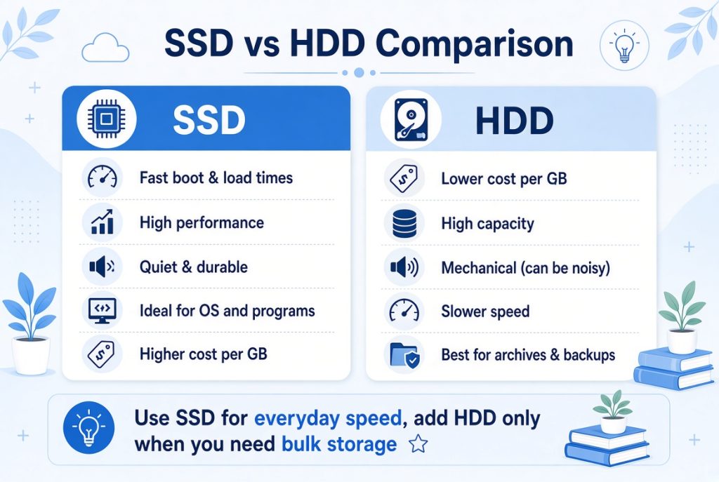 SSD vs HDD comparison infographic: SSD for speed and OS, HDD for large storage and archives.
