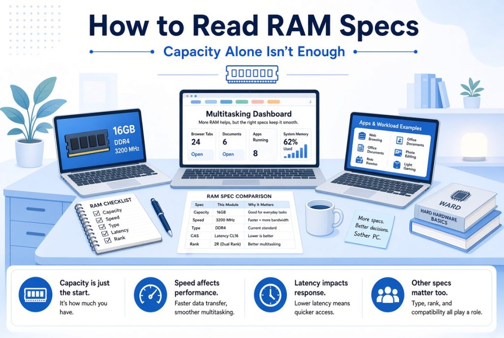 Guide to understanding RAM capacity and specifications infographic