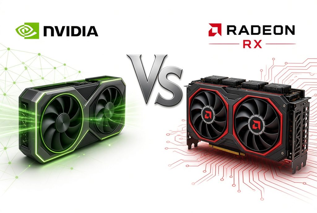 Green NVIDIA and red AMD graphics cards side-by-side on a circuit board background with VS logo