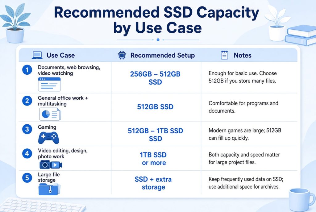 Recommended SSD capacity by use case infographic