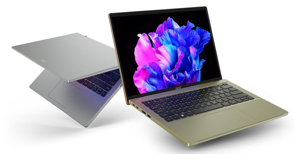 Acer Swift Go 14 aluminum laptop displaying a vibrant OLED screen.