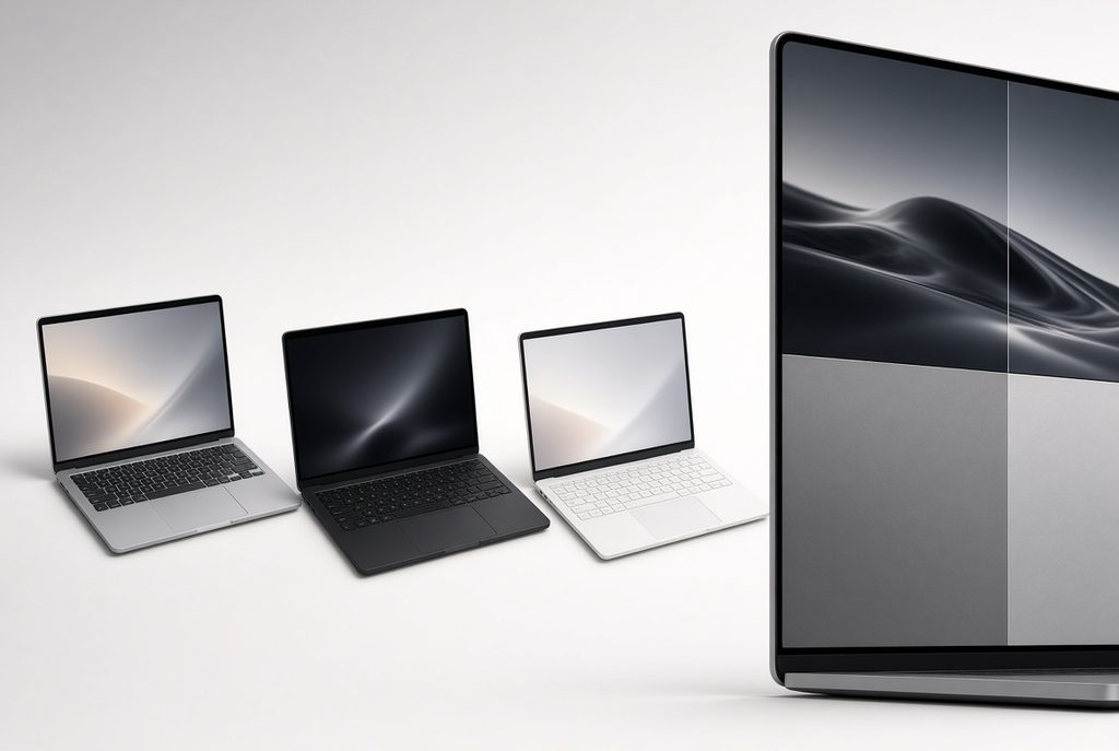 Three laptops showing different exterior colors, materials, and display coating finishes