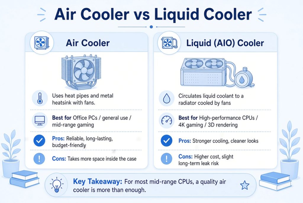 Air cooler vs liquid cooler comparison infographic