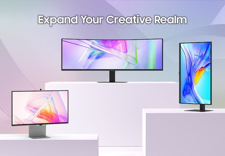 A Samsung ViewFinity professional curved monitor displaying a high-resolution workspace on a clean wooden office desk