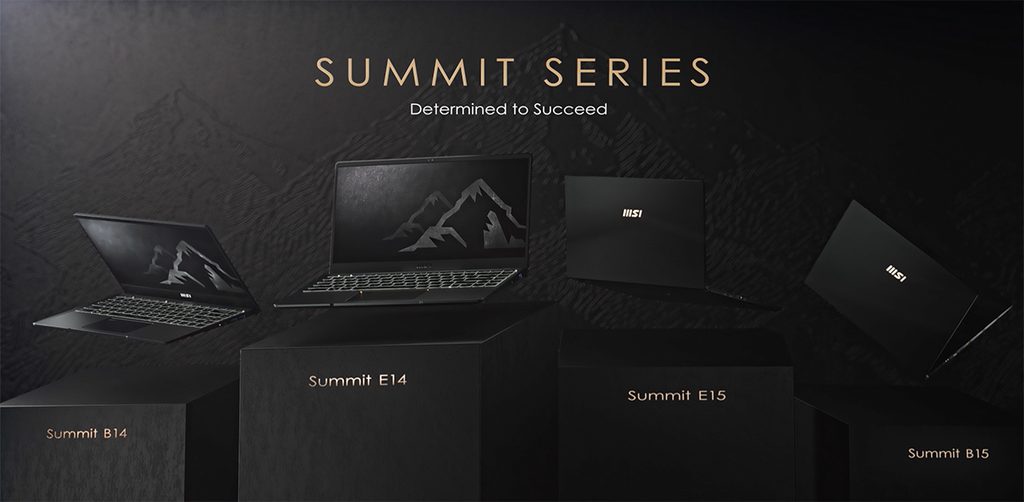 MSI Summit series business laptops including Summit E14, E15, B14, and B15 lined up on a dark background