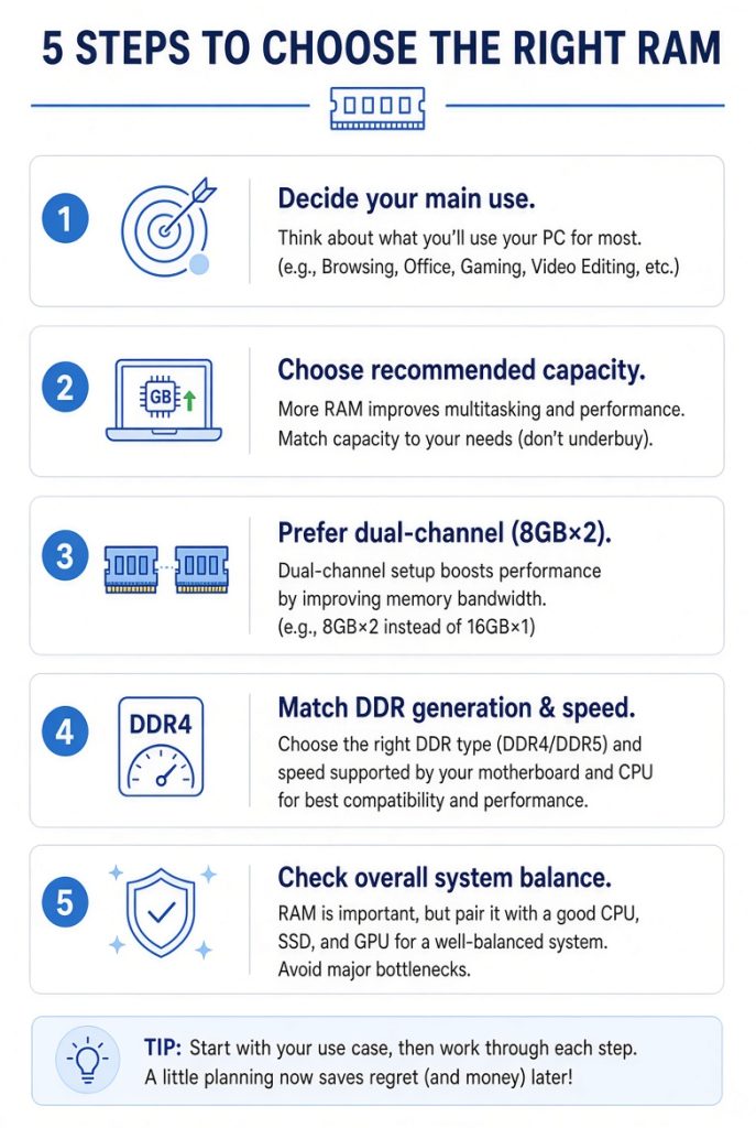 Infographic: "5 Steps to Choose the Right RAM" for a PC, detailing key considerations like main use, capacity, configuration, and speed.