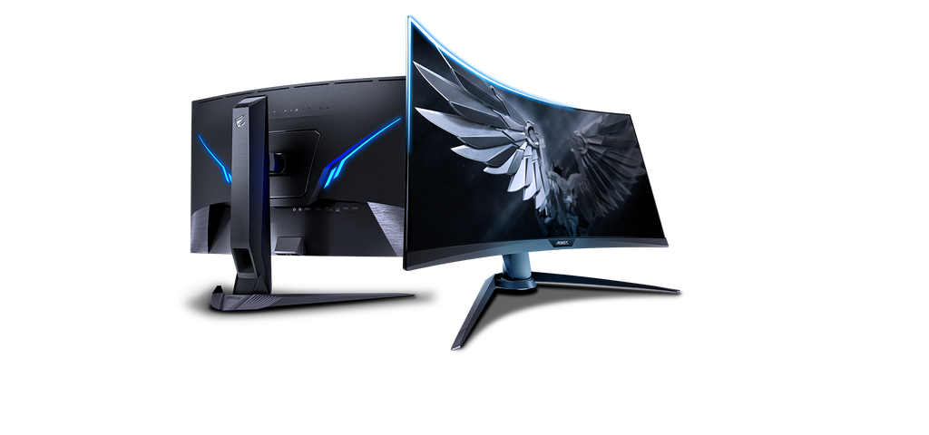Gigabyte AORUS series gaming monitor displaying technical specifications and tactical design features.