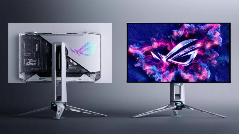 ASUS ROG Strix series gaming monitor displaying technical specifications and design features.