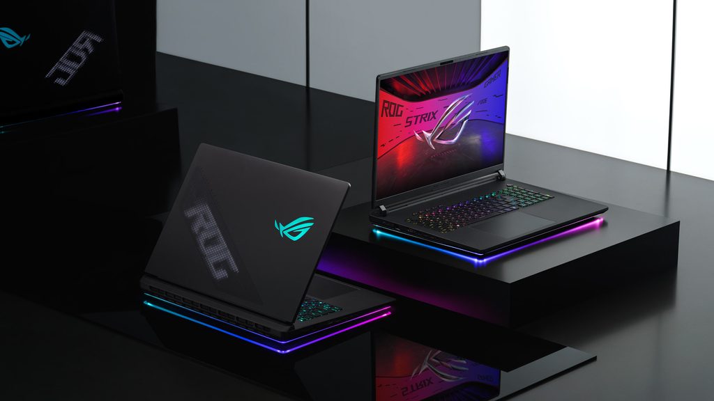 ASUS ROG Strix SCAR 18 gaming laptop displaying technical specifications and translucent RGB design features.