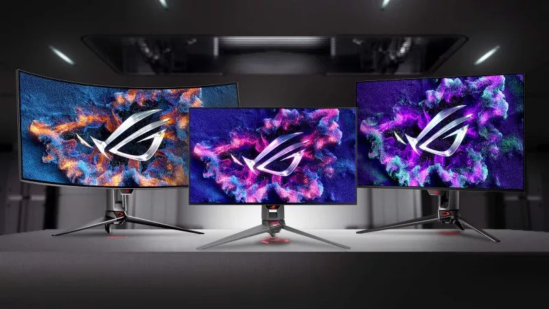 ASUS ROG Swift series gaming monitors showing various screen sizes and panel designs.