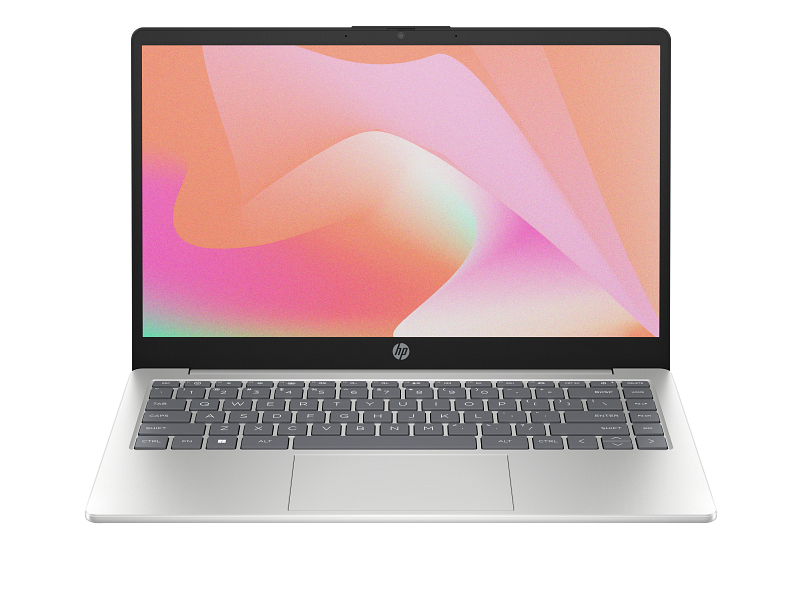 HP 14 laptop opened on a clean modern desk setup