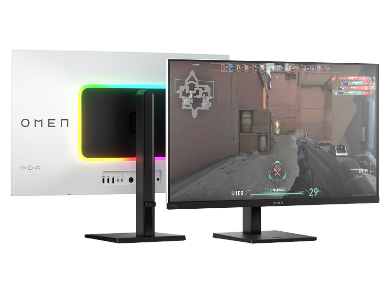 HP Omen Transcend 32 QD-OLED gaming monitor front and back view showing the flat stand and ambient lighting