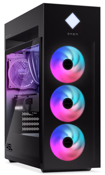 Front right view of the HP Omen 45L gaming desktop tower showcasing its tempered glass panels and exterior design.