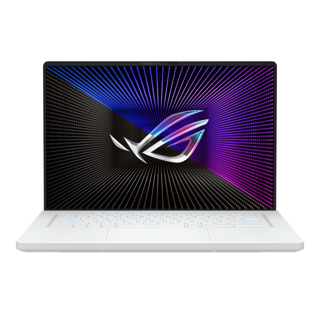 Top-down studio view of the Platinum White ASUS ROG Zephyrus G16 laptop featuring its illuminated keyboard and crisp OLED display.