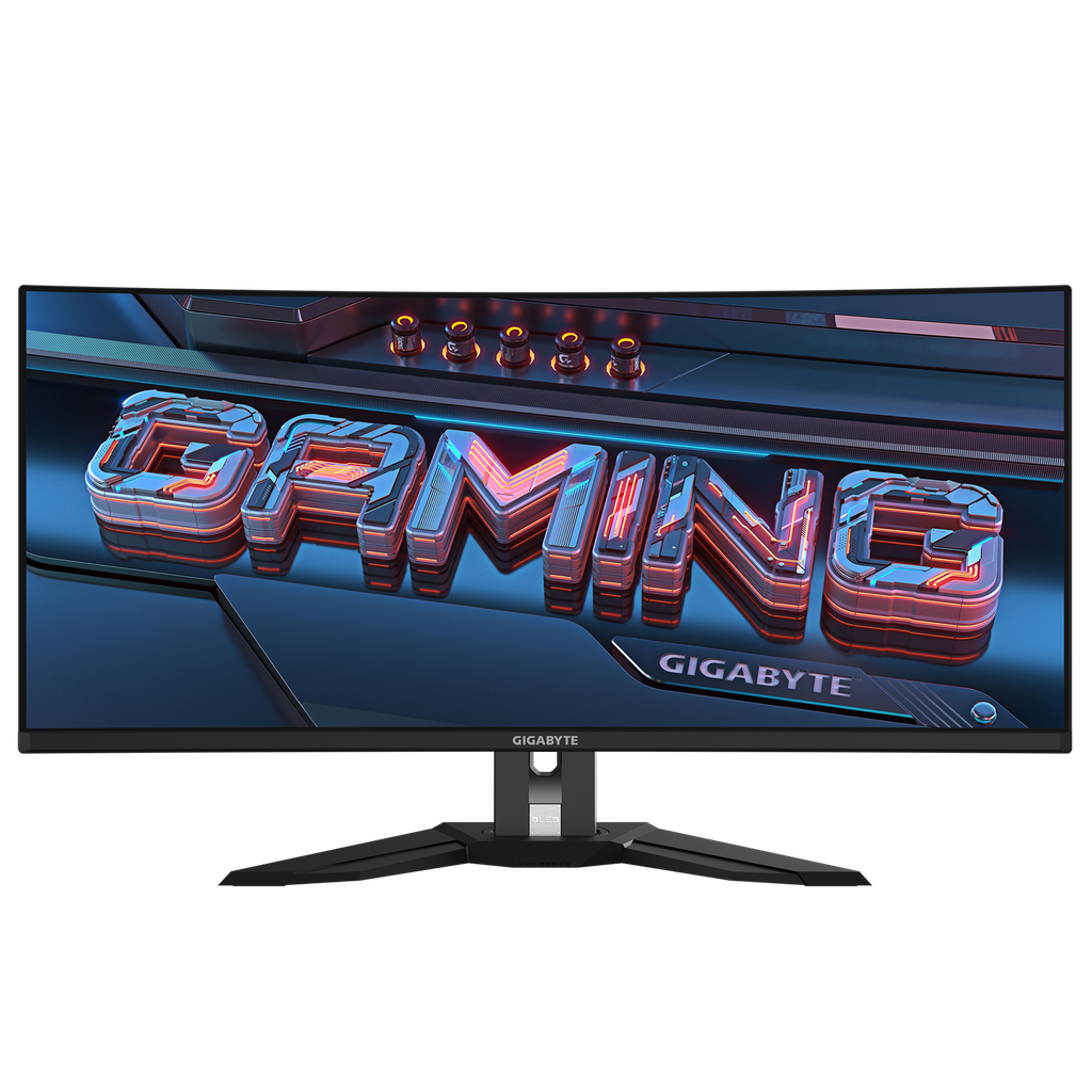 Gigabyte M series gaming monitor with built-in KVM switch displaying technical specifications and design features.