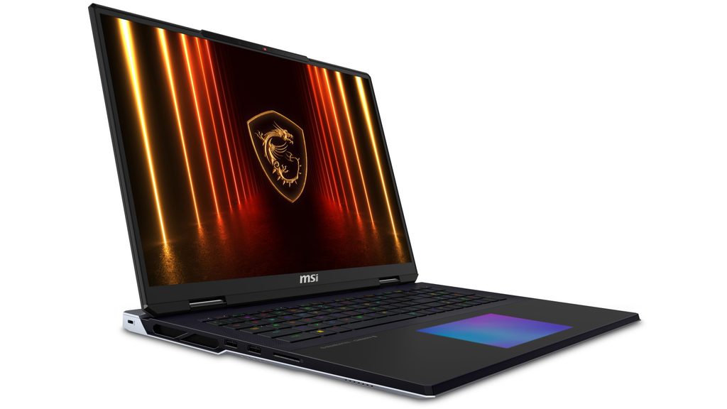 MSI Titan 18 HX gaming laptop showing Mini-LED display and RGB mechanical keyboard