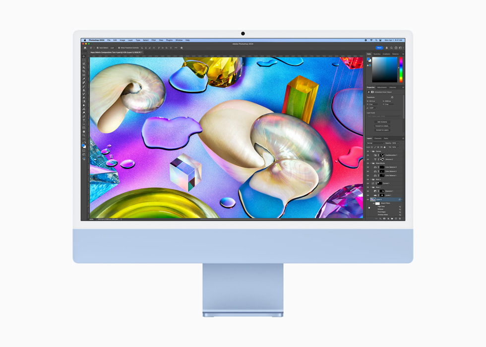 Apple iMac M4 all-in-one desktop computer displaying technical specifications and color options.