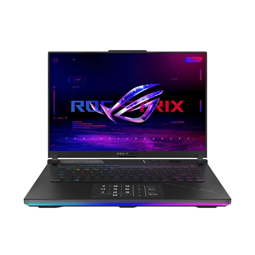 An ASUS ROG Strix SCAR 16 gaming laptop set up on a modern desk with vibrant RGB lighting
